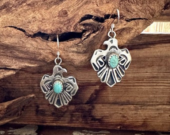 ROBERTA BEGAY Sterling Silver & Turquoise Thunderbird Earrings | Fred Harvey Era Style Bird Dangle Earrings | Native American Navajo