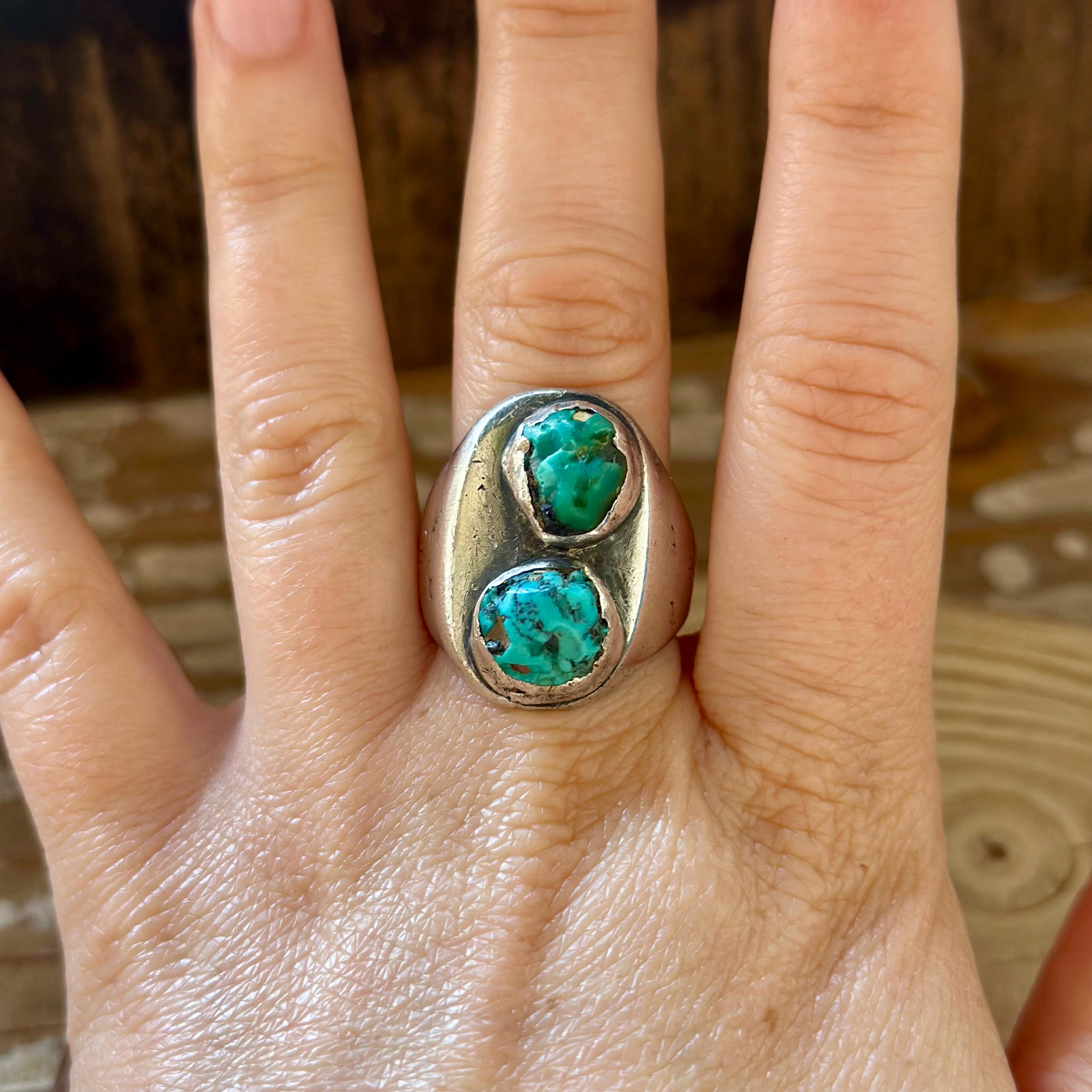 CAVE DWELLER Vintage Turquoise Nugget Sterling Silver Mens Ring | Large Statement | Southwestern Jewelry | Size 9 1/4
