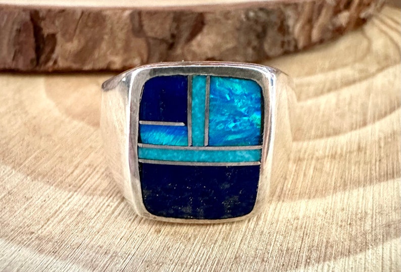 LOVE IN BLUE Multi Stone & Sterling Geometric Inlay Mens Ring Native American Handmade Silver Lapis Jewelry Southwestern Sizes 10, 10.5 image 1