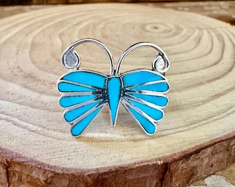 EMMA EDAAKIE ZUNI Butterfly Turquoise and Silver Ring | Blue Butterfly | Navajo, Native American Southwestern Jewelry | Size 10