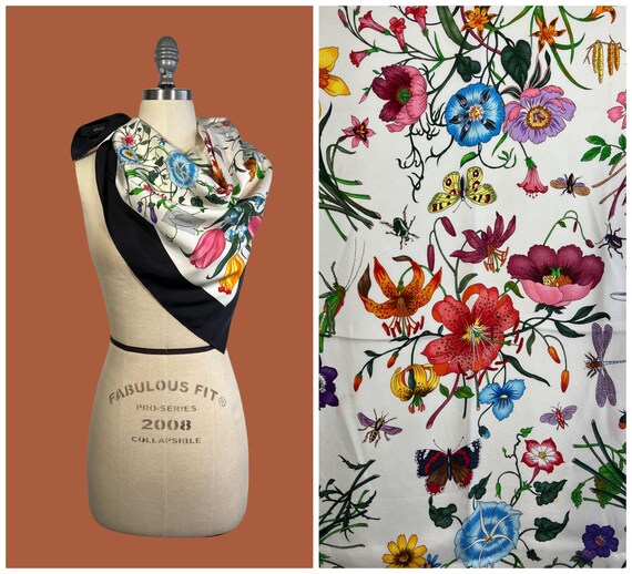 GUCCI FLORA Vintage Y2K Navy Blue Floral Silk Sca… - image 1