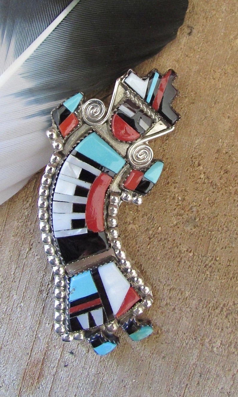 RAINBOW MAN Herbert Cellicion Zuni Yei Brooch Pendant Silver Turquoise MOP Jet Spiny Oyster Inlay Pin Vintage Native American Jewelry image 6