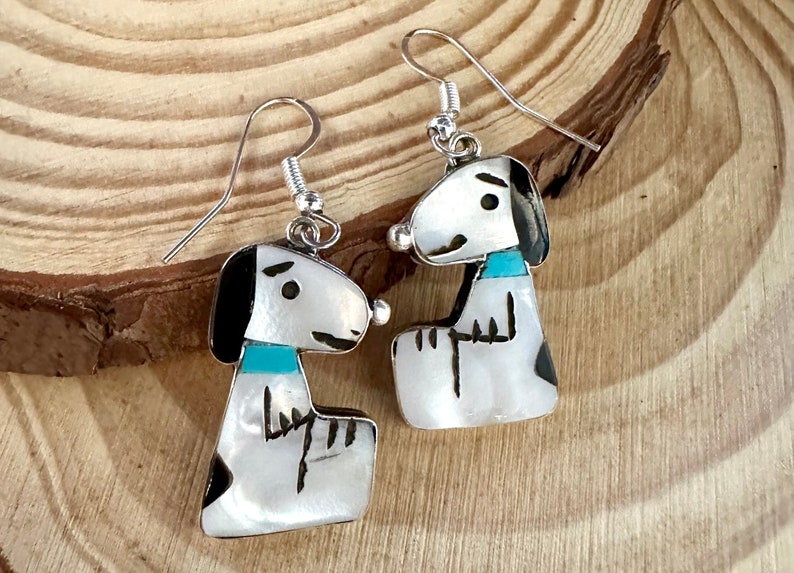 SNOOPY Shenel Comosona Zuni Toons Dangle Earrings Sterling Silver Jet Turquoise Mother of Pearl Inlay Native American Zunitoon Earrings image 1