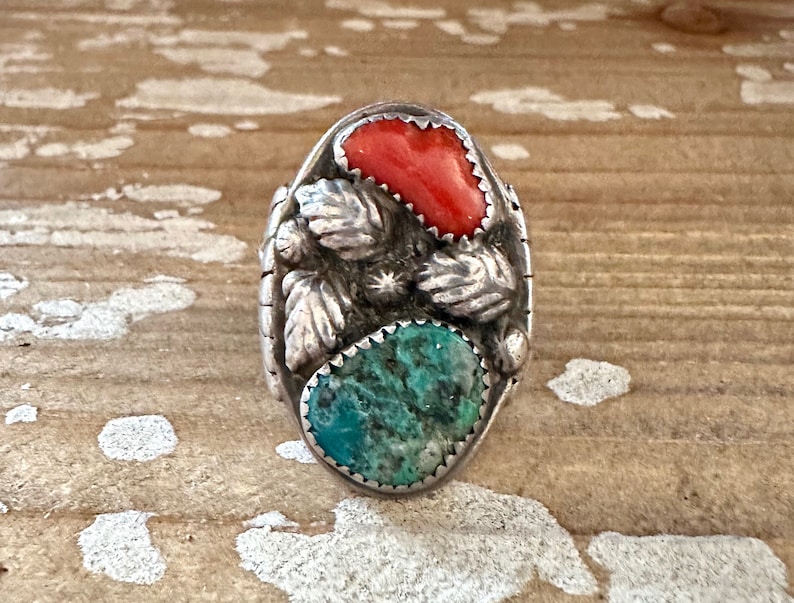 NEVER LEAVES Vintage Handmade Navajo Men's Ring Sterling Silver, Turquoise, Coral Native American Jewelry Southwestern Size 10 image 1