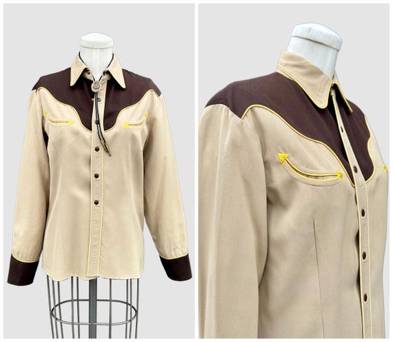 1950s VINTAGE WESTERN GABARDINE Shirt | 50s Cowgirl Button Snap Top | Long Sleeve Blouse | Womens Small