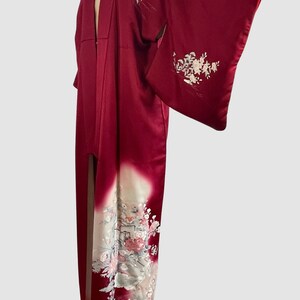 JAPANESE GARDEN Vintage Traditional Kimono Cranberry with Floral Peacock Print 70s 1970s to 80s 1980s Asian Robe Coat, Japan Open Size image 5