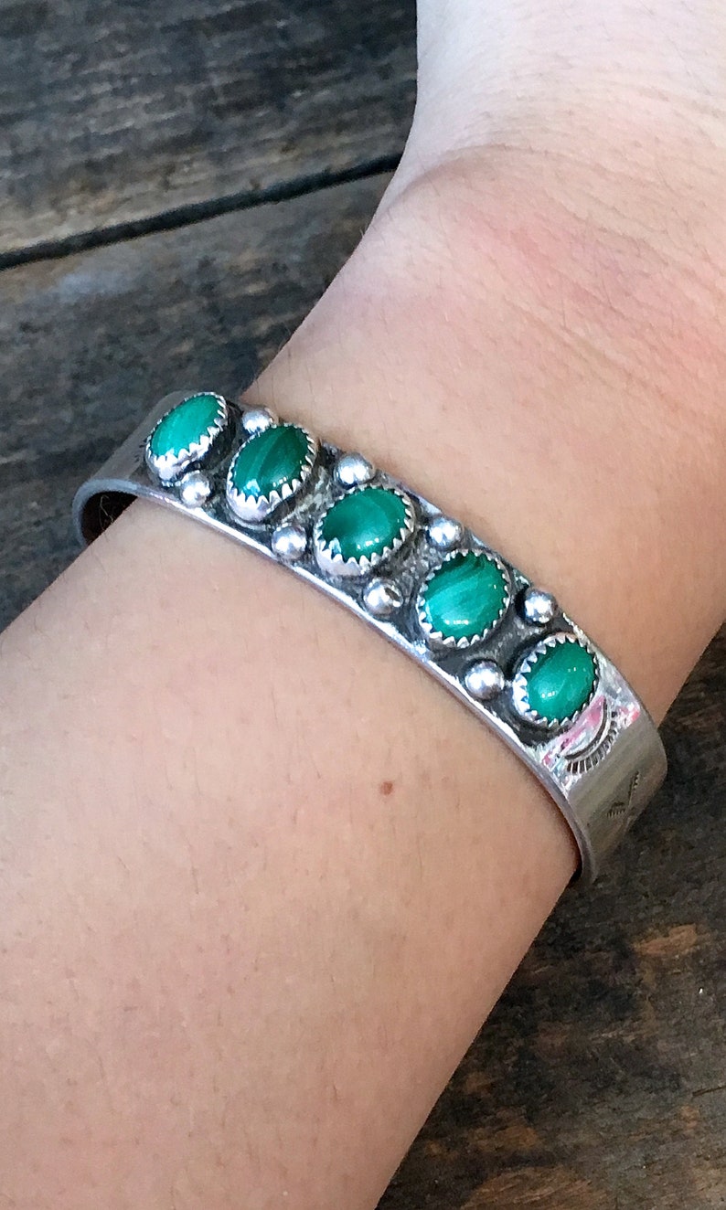 GOING GREEN Vintage 40s Bracelet 1940s Silver & Malachite Cuff Navajo Native American Indian Style Jewelry Southwestern, Boho, Hippie image 9