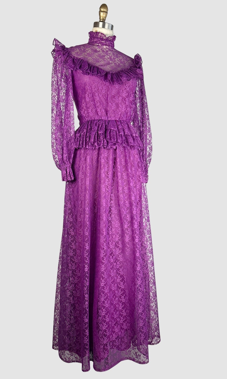 PRAIRIE TALE Vintage 70s Purple Chantilly Lace Dress 1970s Granny Maxi Boho Prairie Hippie Bohemian Cottagecore, Victorian Style Small image 3