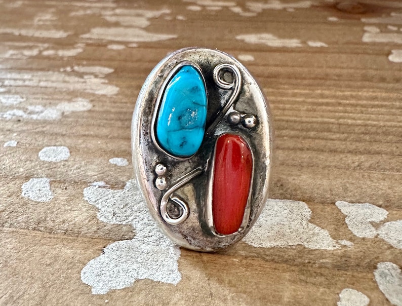 STEPPING STONES Vintage Handmade Men's Ring Sterling Silver, Turquoise, Coral Native American Navajo Southwestern Jewelry Size 9 1/2 image 1