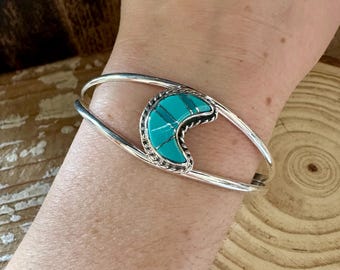 TURQUOISE CRESCENT MOON Sterling Silver Cuff | Silver Dainty Bracelet | Half Moon | Small Cuff | Southwestern Jewelry | 10g