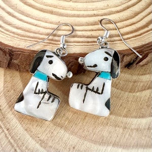 SNOOPY Shenel Comosona Zuni Toons Dangle Earrings Sterling Silver Jet Turquoise Mother of Pearl Inlay Native American Zunitoon Earrings image 2