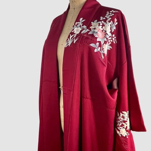 JAPANESE GARDEN Vintage Traditional Kimono Cranberry with Floral Peacock Print 70s 1970s to 80s 1980s Asian Robe Coat, Japan Open Size image 6