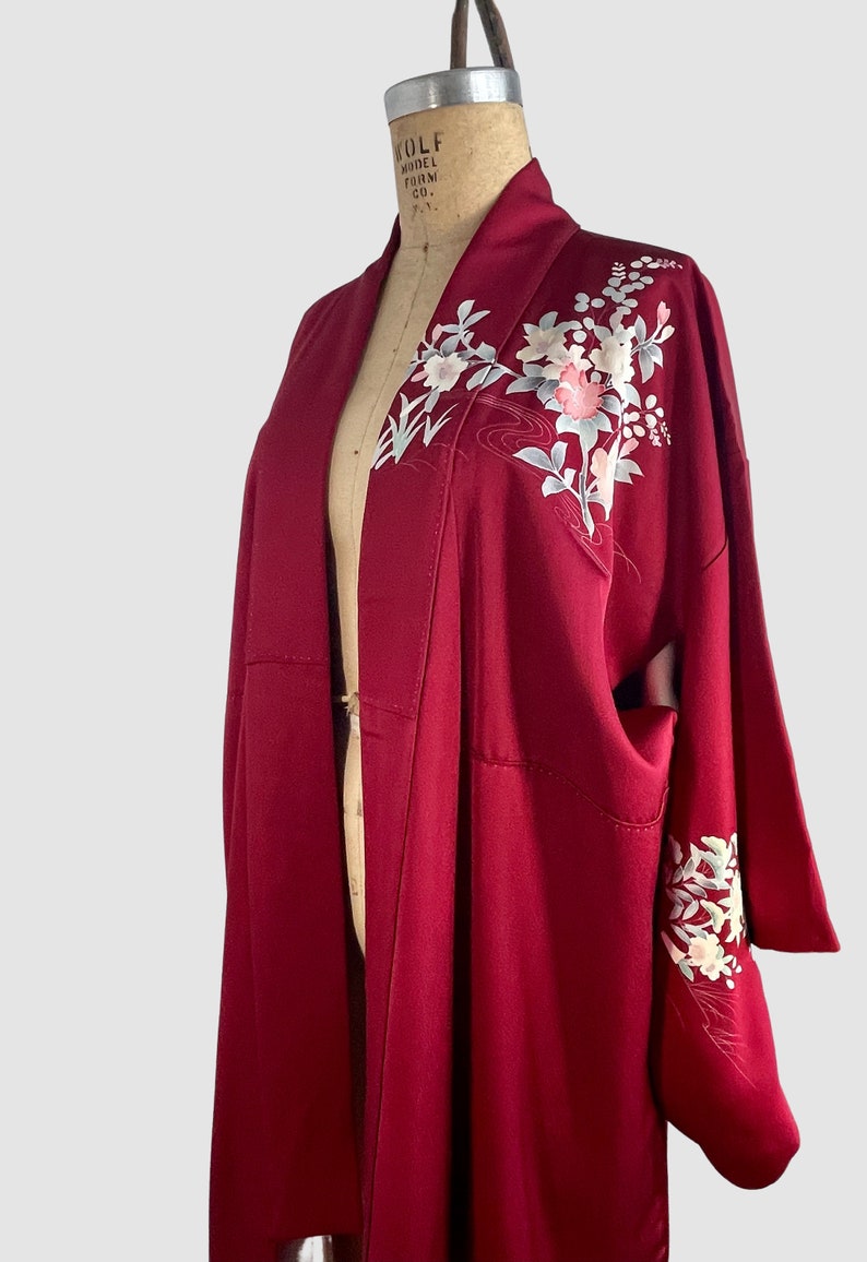 JAPANESE GARDEN Vintage Traditional Kimono Cranberry with Floral Peacock Print 70s 1970s to 80s 1980s Asian Robe Coat, Japan Open Size image 6