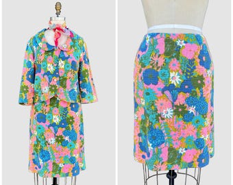 FRITZI 2 PIECE Vintage 60s Blazer and Skirt Set | 1960s 100% Cotton Jacket & Pencil Skirt | Made in California | Floral Set | Size Medium