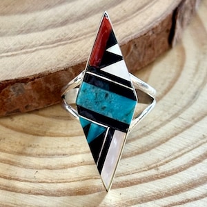 CLEO KALLESTEWA Multi Stone Inlay Zuni Ring Native American Southwest Sterling Jewelry Mother Of Pearl Turquoise Jet Spiny Oyster Size 8 image 1