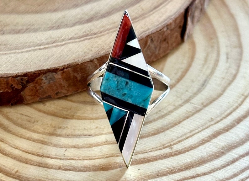 CLEO KALLESTEWA Multi Stone Inlay Zuni Ring Native American Southwest Sterling Jewelry Mother Of Pearl Turquoise Jet Spiny Oyster Size 8 image 1