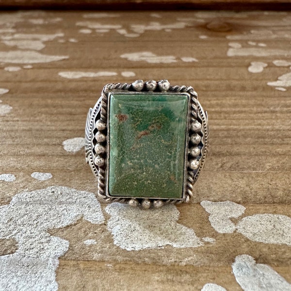 M&R CALLADITTO Handmade Men's Ring Sterling Silver w/ Turquoise Stone Green | Native American Navajo Jewelry Southwestern | Size 13.5