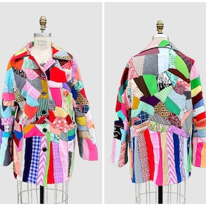 May include: A vibrant patchwork jacket with a collared neckline and button fastening. The jacket showcases a diverse array of fabric patterns and colours, including red, pink, blue, green, and yellow. The jacket is displayed on a mannequin.
