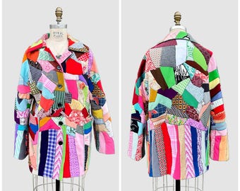 NITA ROSS HANDMADE Crazy Quilt Vintage 70s Patchwork Jacket | 1970s Multi Fabric Coat | Colorful Quilted Blanket Cardigan | Size X-Large