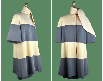 LILLI ANN KNIT London • Vintage 60s Coat Dress and Scarf Set | 1960s Gray & Cream Color Block | Mod, Space Age, Designer Suit | Size Small