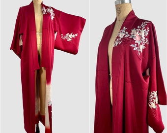 JAPANESE GARDEN Vintage Traditional Kimono | Cranberry with Floral Peacock Print | 70s 1970s to 80s 1980s Asian Robe Coat, Japan | Open Size