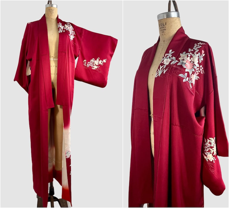 JAPANESE GARDEN Vintage Traditional Kimono Cranberry with Floral Peacock Print 70s 1970s to 80s 1980s Asian Robe Coat, Japan Open Size image 1