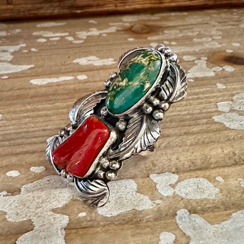 BEYOND BEAUTY Abel Toledo Large Handmade Ring Sterling Silver, Turquoise, Coral Native American Navajo Jewelry Southwestern Size 9 1/2 image 4