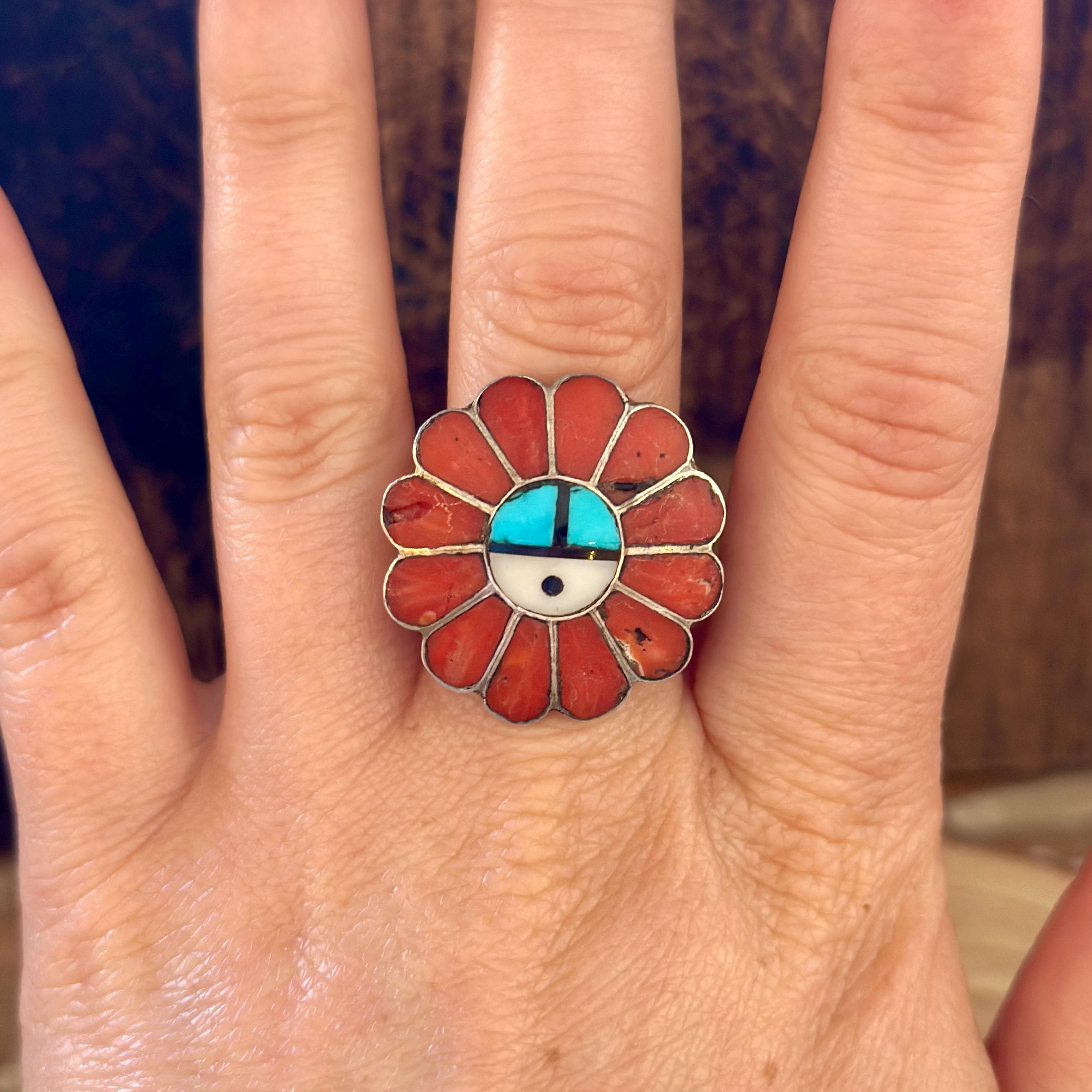 VINTAGE ZUNI INLAY Coral Jet Abalone Turquoise and Silver Ring