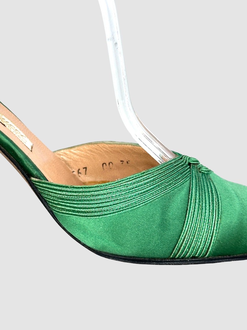 GUCCI Vintage 70s Green Satin Ankle Strap Shoes 1970s Italian Designer Ankle Strap Stiletto Heels, Made in Italy Disco Era Size 35 5 image 6