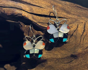 ALLISON DISHTA Butterfly Zuni Inlay Silver, Turquoise, Jet, Mother of Pearl Dangle Earrings | Native American Jewelry 26E03 | Southwestern