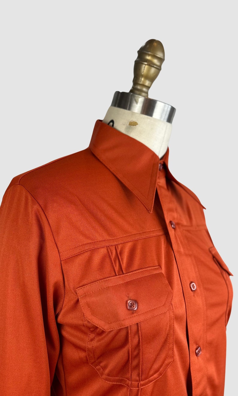 PIERRE FOSHEY Vintage 70s Deadstock Burnt Orange Jersey Knit Polyester Disco Shirt 1970s Dead Stock, New Old Fitted Blouse Top Medium image 3