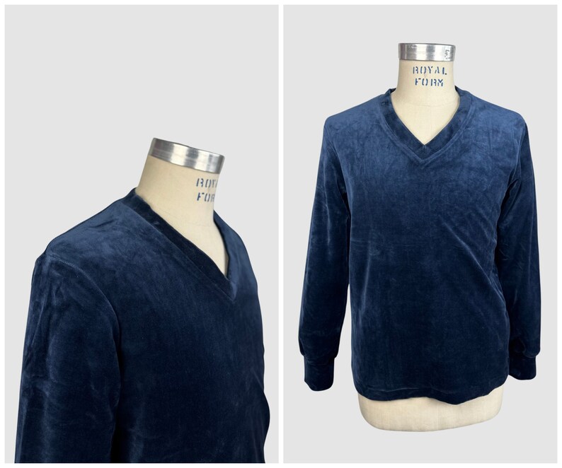 MARTINI Vintage 70s Deadstock Blue Cotton Velour Sweater 1970s Dead Stock Shirt Top Hippie Disco Streetwear Mens Size Small image 1