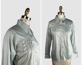 PIERRE FOSHEY chemise disco vintage des années 70 Deadstock gris en jersey de polyester | Dead Stock des années 1970, haut chemisier ajusté neuf à l'ancienne | Petit