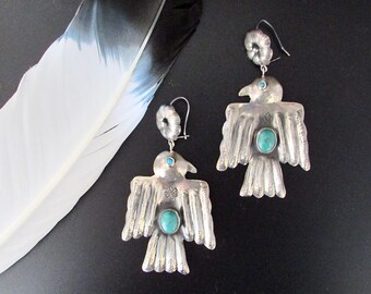 FEDERICO JIMENEZ Grandes boucles d'oreilles argent et turquoise Thunderbird | Boucles d'oreilles pendantes oiseau style Fred Harvey Era | Oaxaca du sud-ouest du Mexique