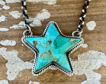 PATRICK YAZZIE Navajo Handmade Sterling Silver & Turquoise Star Necklace Pendant, Chain Link | Native, Southwestern Jewelry • 24g