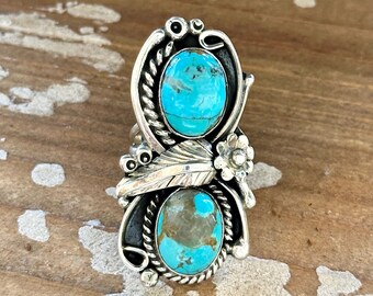 LITTLE C.R. Navajo, Dine'h Native Arts Turquoise Sterling Silver, Large Ring | Native American Statement Jewelry Southwestern | Size 8
