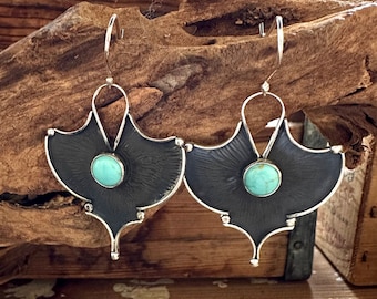 GO BATTY Large Sterling Silver & Turquoise Earrings | Freda Kahlo Era Style Dangle Earrings | Mexican Taxco Southwestern