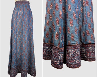 ANOKHI Vintage 70s Indian Block Print Maxi Skirt | 1970s Cotton Gauze Cotton Floral & Paisley, Made in India | Festival, Hippie Boho | Small