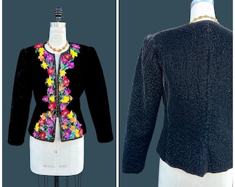SAKS FIFTH AVE Vintage 80s 90s Velvet Quilted Evening Jacket | 1980's 1990's Floral Sequin and Beaded Blazer | Glam,  Luxury | Size Medium