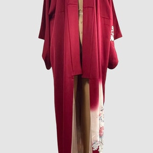 JAPANESE GARDEN Vintage Traditional Kimono Cranberry with Floral Peacock Print 70s 1970s to 80s 1980s Asian Robe Coat, Japan Open Size image 4