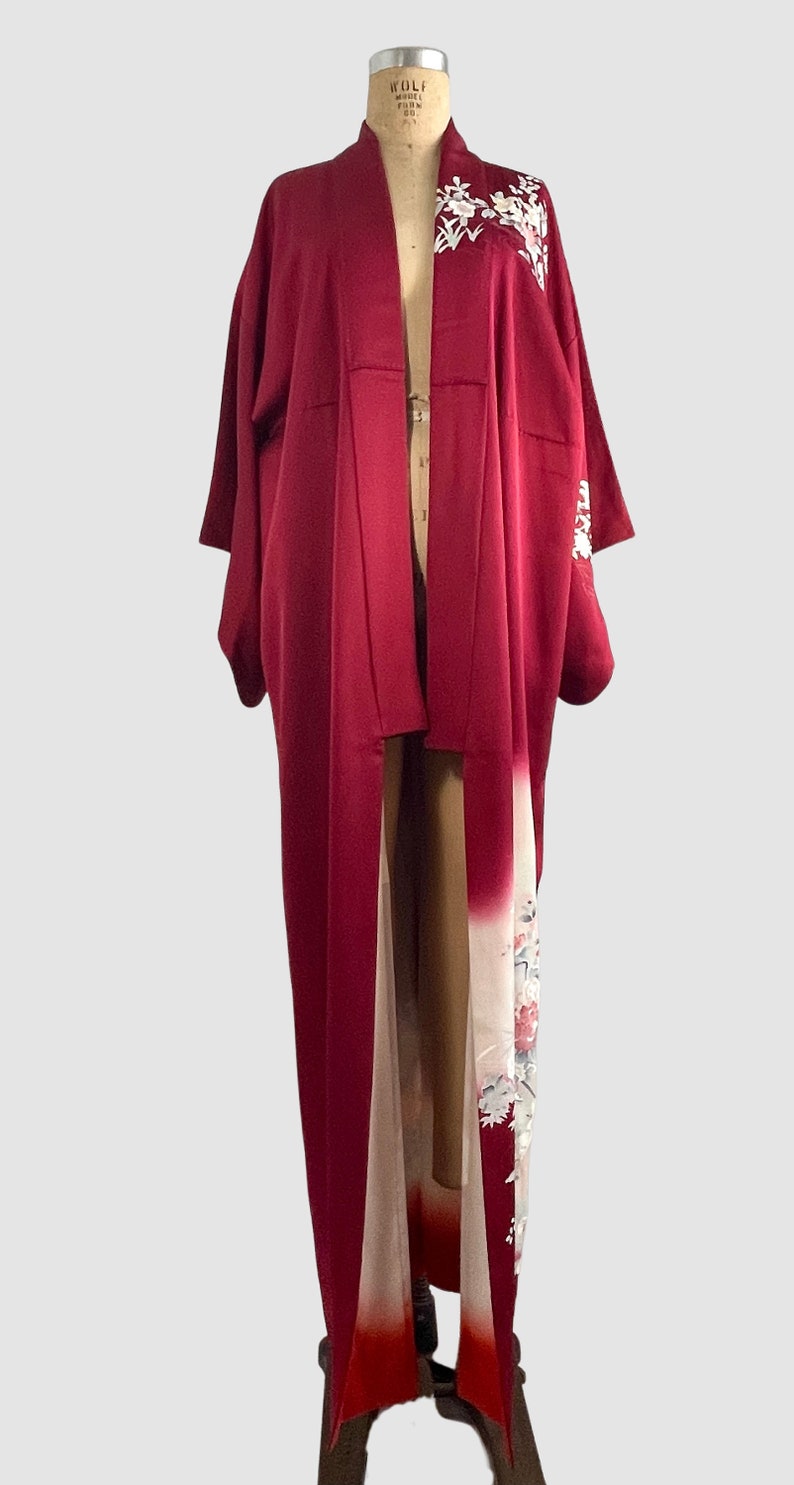 JAPANESE GARDEN Vintage Traditional Kimono Cranberry with Floral Peacock Print 70s 1970s to 80s 1980s Asian Robe Coat, Japan Open Size image 4