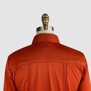 PIERRE FOSHEY Vintage 70s Deadstock Burnt Orange Jersey Knit Polyester Disco Shirt 1970s Dead Stock, New Old Fitted Blouse Top Medium image 5