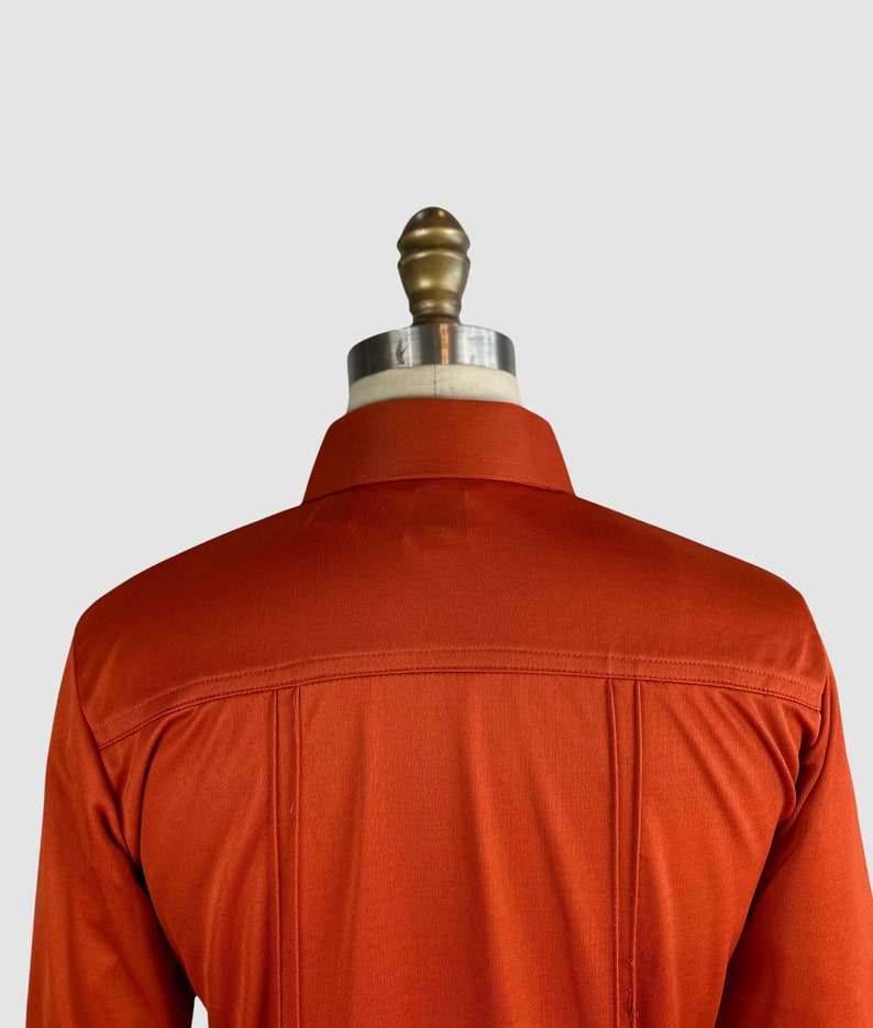 PIERRE FOSHEY Vintage 70s Deadstock Burnt Orange Jersey Knit Polyester Disco Shirt 1970s Dead Stock, New Old Fitted Blouse Top Medium image 5