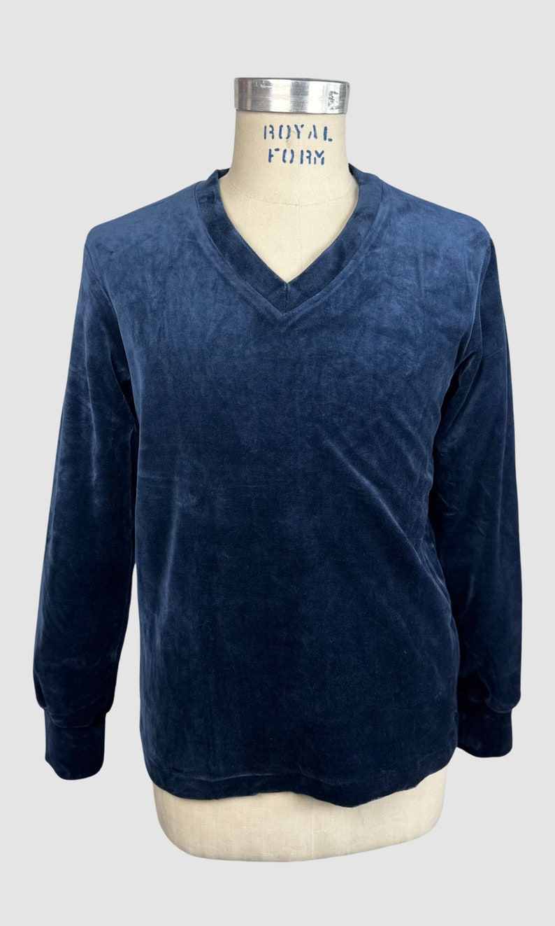 MARTINI Vintage 70s Deadstock Blue Cotton Velour Sweater 1970s Dead Stock Shirt Top Hippie Disco Streetwear Mens Size Small image 2