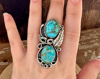 LITTLE C.R. Dineh Native Arts Turquoise Sterling Silver Ring | Navajo Native American Large Statement Jewelry Southwestern | Size 8 1/2