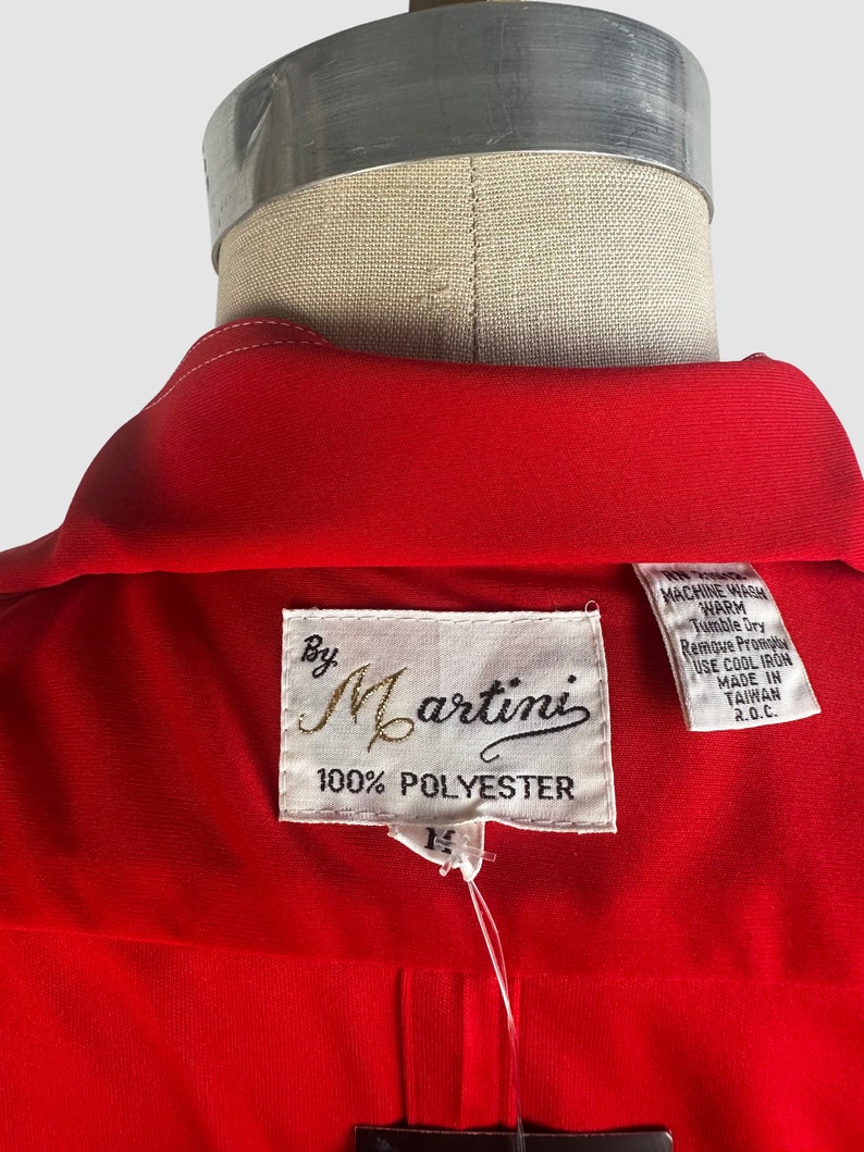 MARTINI Vintage 70s Deadstock Red Jersey Knit Polyester Disco Shirt 1970s Dead Stock, New Old Fitted Funk Top Size Mens Medium image 6