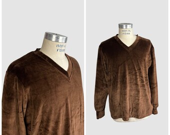 MARTINI Vintage 70s Deadstock Brown Cotton Velour V Neck Sweater | 1970s Dead Stock  Shirt Top | Hippie  Disco Streetwear | Mens Size Large