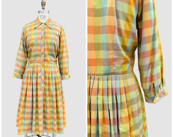 COUNTRY MISS 60s Vintage Gingham Dress | 1960s Western Cowgirl | Pastel Collared, Long Sleeve | Southwestern | Size Large (16)