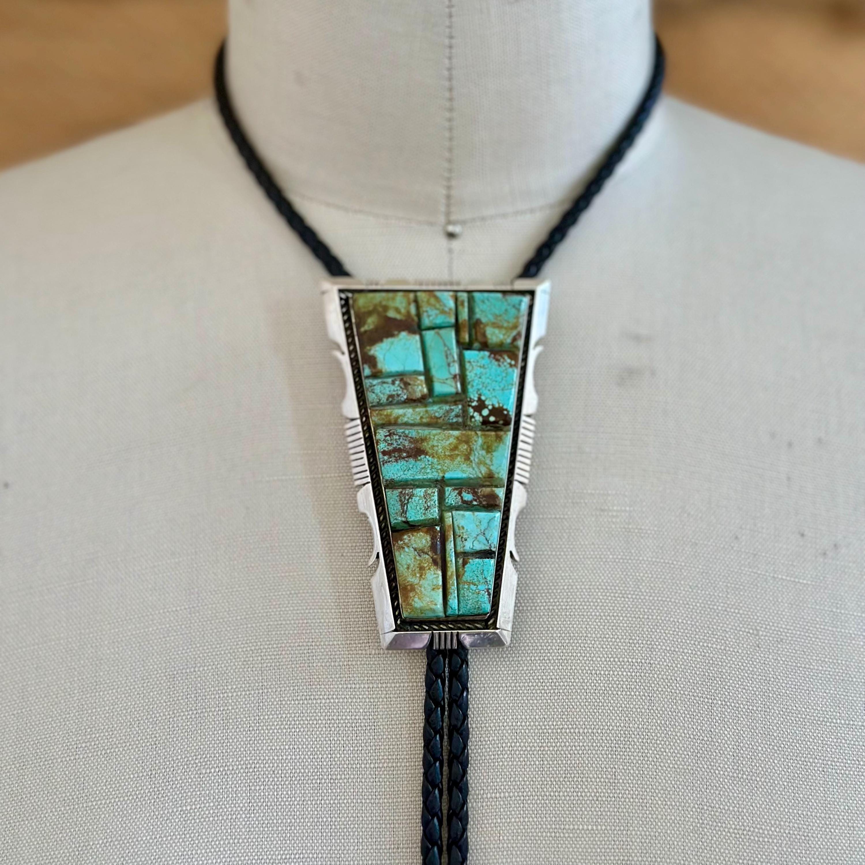STEVE FRANCISCO Navajo Turquoise Mosaic Bolo Tie w/ Leather Cord | Sterling Silver Bolo | Native American Made Mens Jewelry, Southwestern