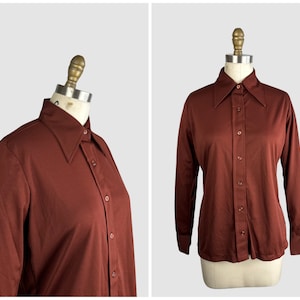 PIERRE FOSHEY chemise disco vintage des années 70 en jersey marron et polyester Dead Stock des années 1970, haut chemisier ajusté neuf à l'ancienne Petit image 1